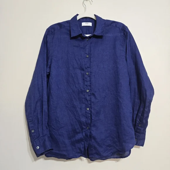 Uniqlo Womens 100% Linen Button Down Shirt Dark Blue Size L - Picture 2 of 7